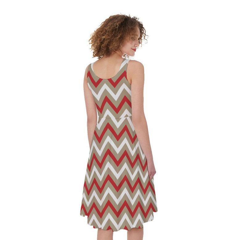 White Beige And Red Chevron Print Sleeveless Knee Length Dress