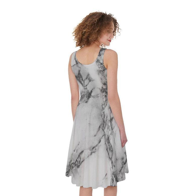 White Dark Grey Marble Print Sleeveless Knee Length Dress