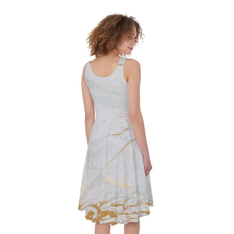 White Gold Scratch Marble Print Sleeveless Knee Length Dress