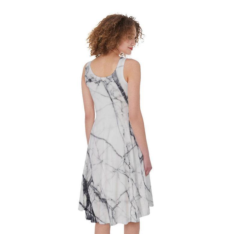 White Gray Scratch Marble Print Sleeveless Knee Length Dress