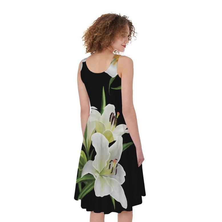 White Lily Print Sleeveless Knee Length Dress