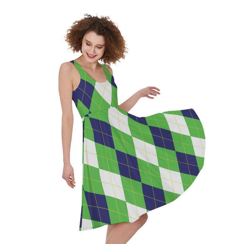 White Navy And Green Argyle Print Sleeveless Knee Length Dress