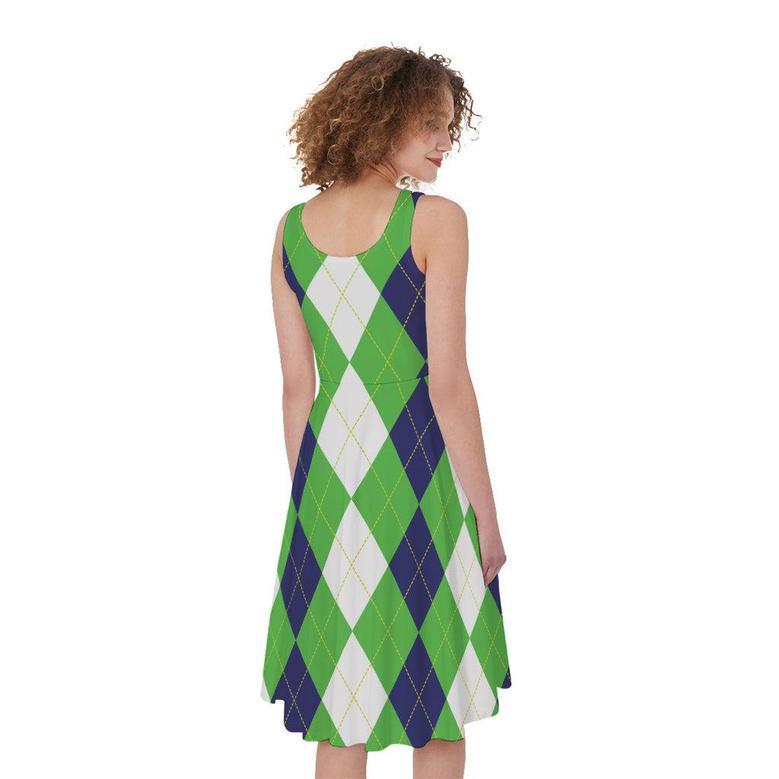 White Navy And Green Argyle Print Sleeveless Knee Length Dress