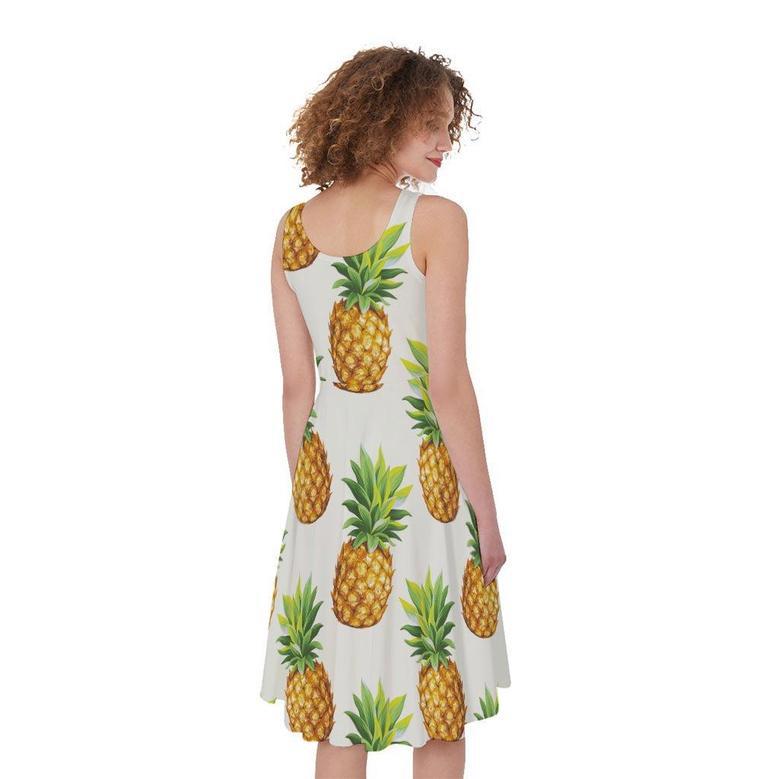 White Pineapple Pattern Print Sleeveless Knee Length Dress