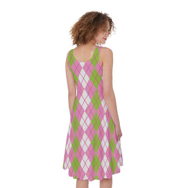 White Pink And Green Argyle Print Sleeveless Knee Length Dress