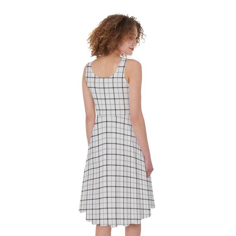 White Tattersall Pattern Print Sleeveless Knee Length Dress