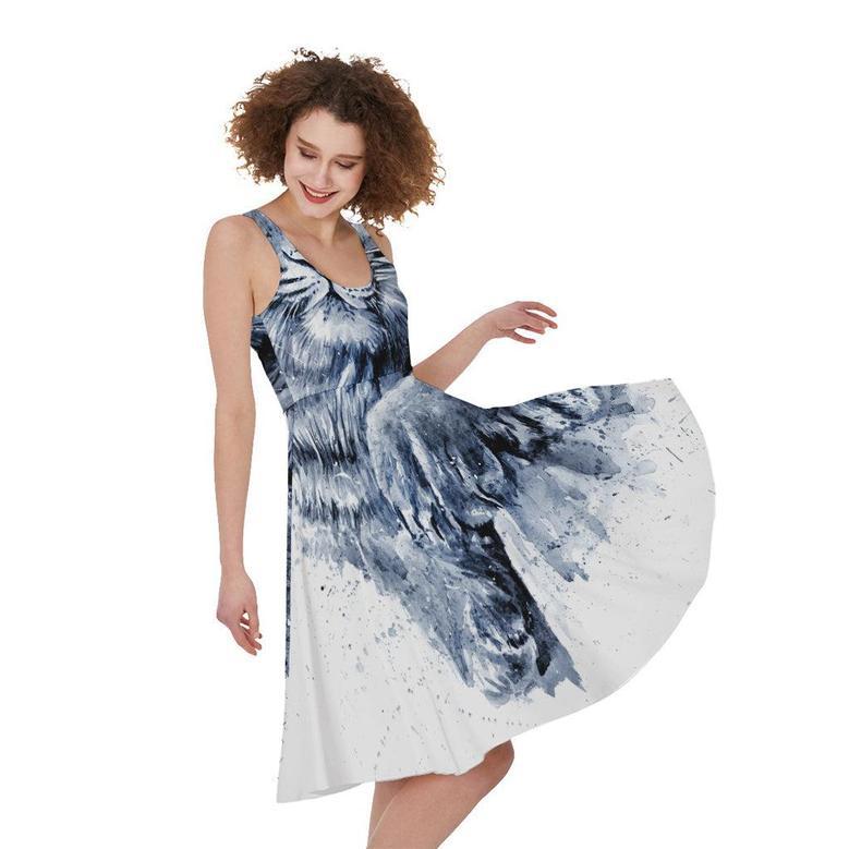 White Tiger Painting Print Sleeveless Knee Length Dress