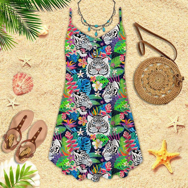 White Tiger Tropical Spaghetti Strap Summer Dress