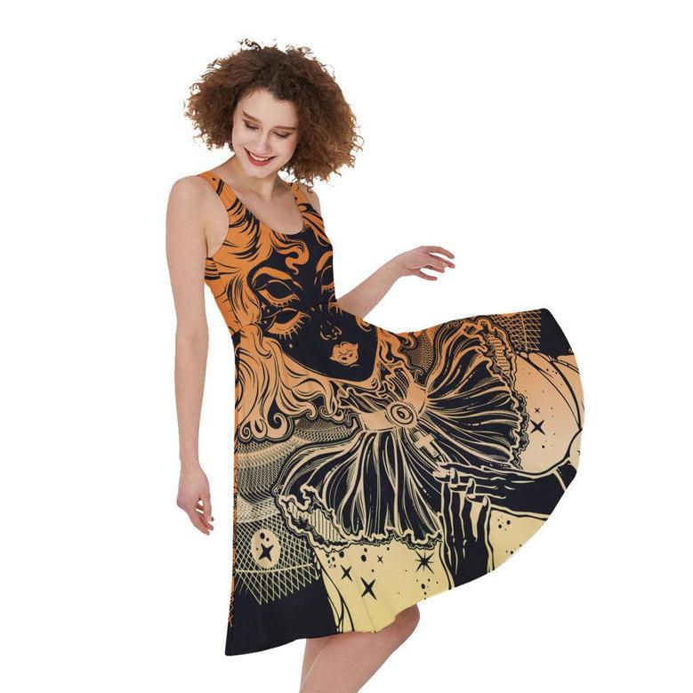 Wiccan Girl And Magical Moon Print Sleeveless Knee Length Dress