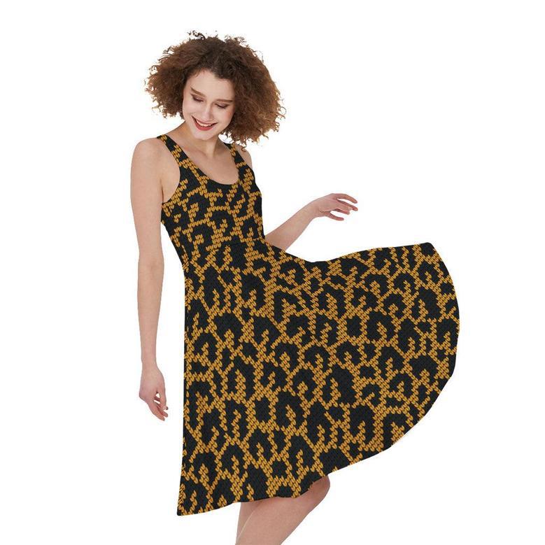 Wild Leopard Knitted Pattern Print Sleeveless Knee Length Dress