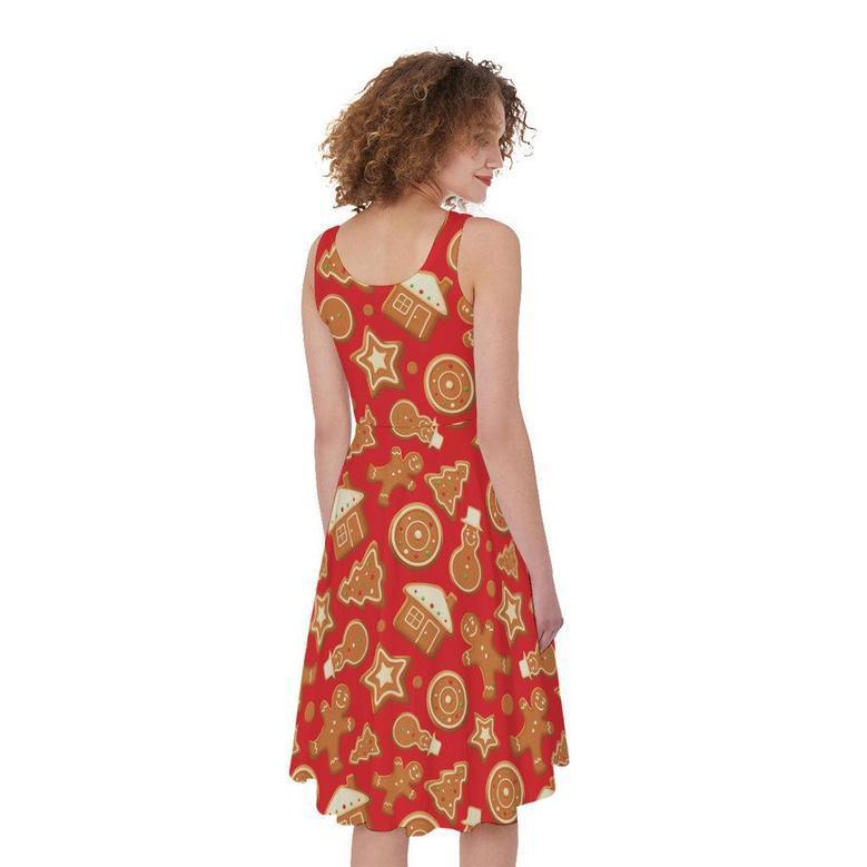 Xmas Gingerbread Pattern Print Sleeveless Knee Length Dress