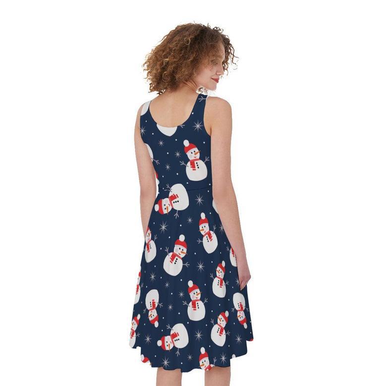 Xmas Snowman Pattern Print Sleeveless Knee Length Dress