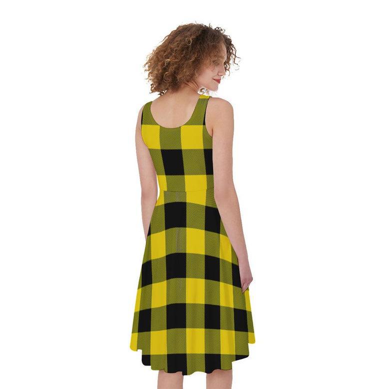 Yellow And Black Buffalo Check Print Sleeveless Knee Length Dress