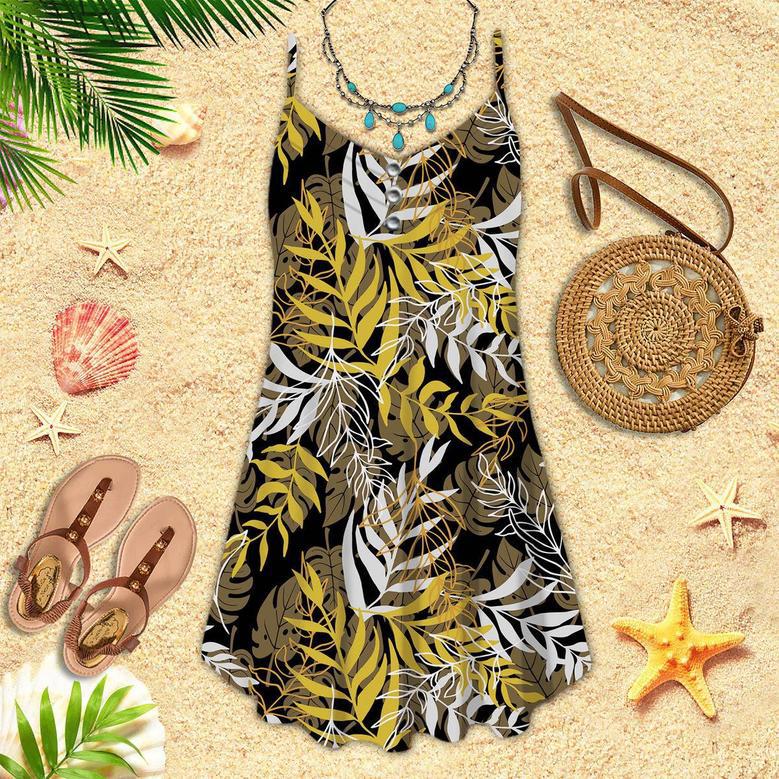 Yellow And Brown Palm Leaves Pattern Spaghetti Strap Summer Dress