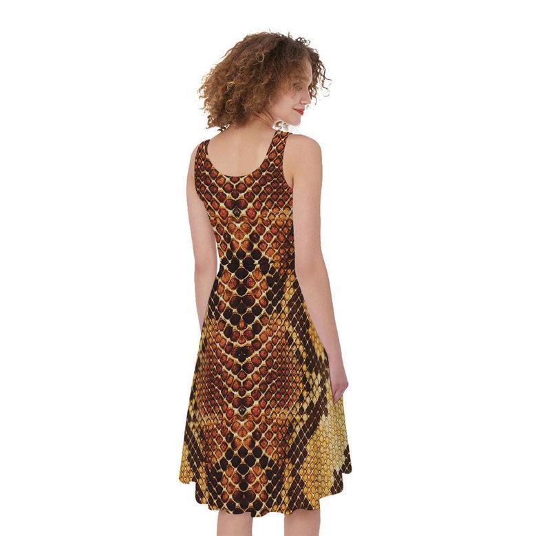 Yellow And Brown Snakeskin Print Sleeveless Knee Length Dress