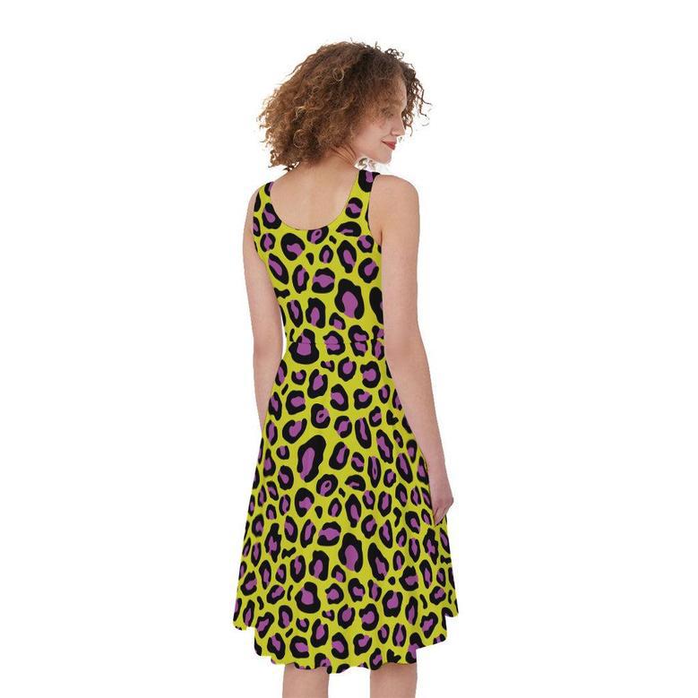 Yellow And Purple Leopard Pattern Print Sleeveless Knee Length Dress