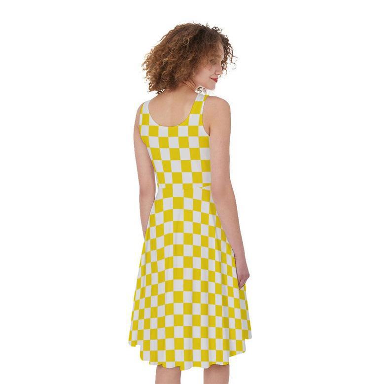 Yellow And White Checkered Pattern Print Sleeveless Knee Length Dress