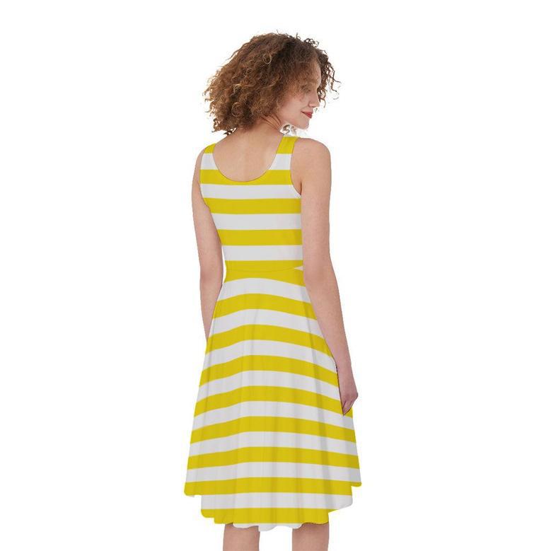 Yellow And White Striped Pattern Print Sleeveless Knee Length Dress