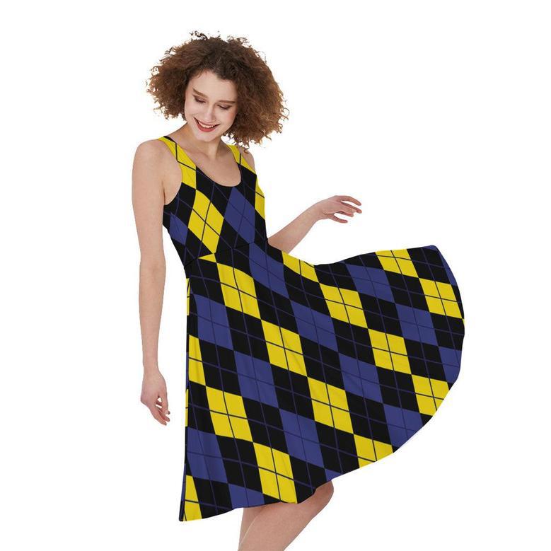 Yellow Black And Blue Argyle Print Sleeveless Knee Length Dress