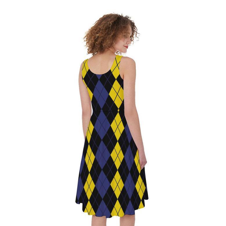 Yellow Black And Blue Argyle Print Sleeveless Knee Length Dress