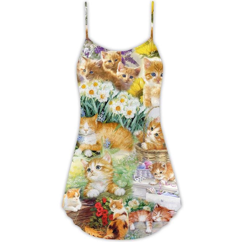 Yellow Cat Kitty Lover Art - V-Neck Sleeveless Cami Dress