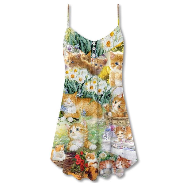 Yellow Cat Kitty Lover Art - V-Neck Sleeveless Cami Dress