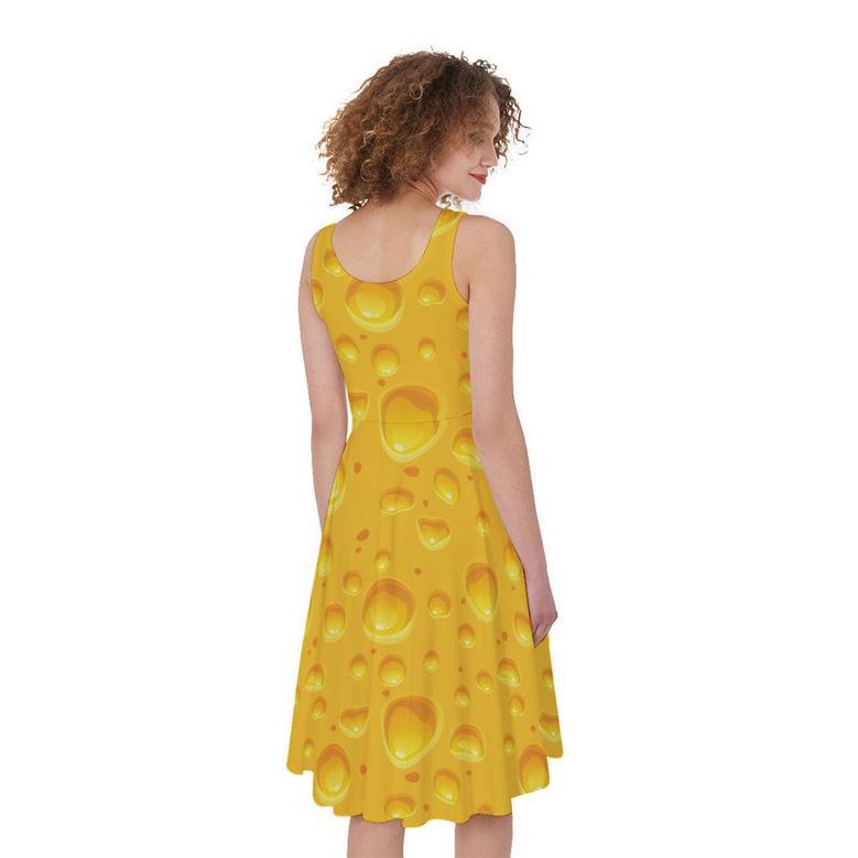 Yellow Cheese Print Sleeveless Knee Length Dress