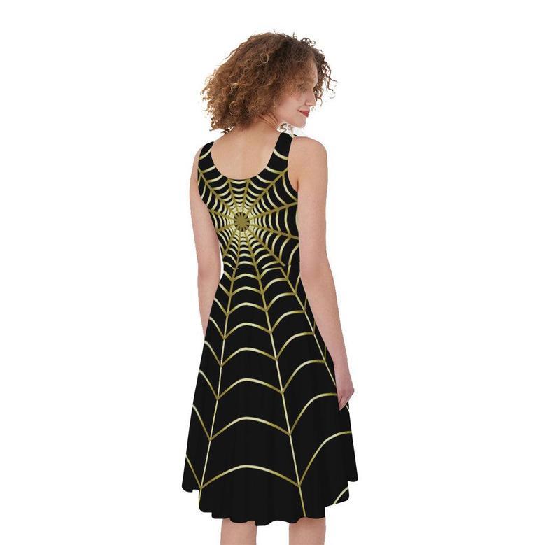 Yellow Cobweb Print Sleeveless Knee Length Dress