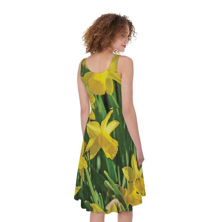 Yellow Daffodil Flower Print Sleeveless Knee Length Dress