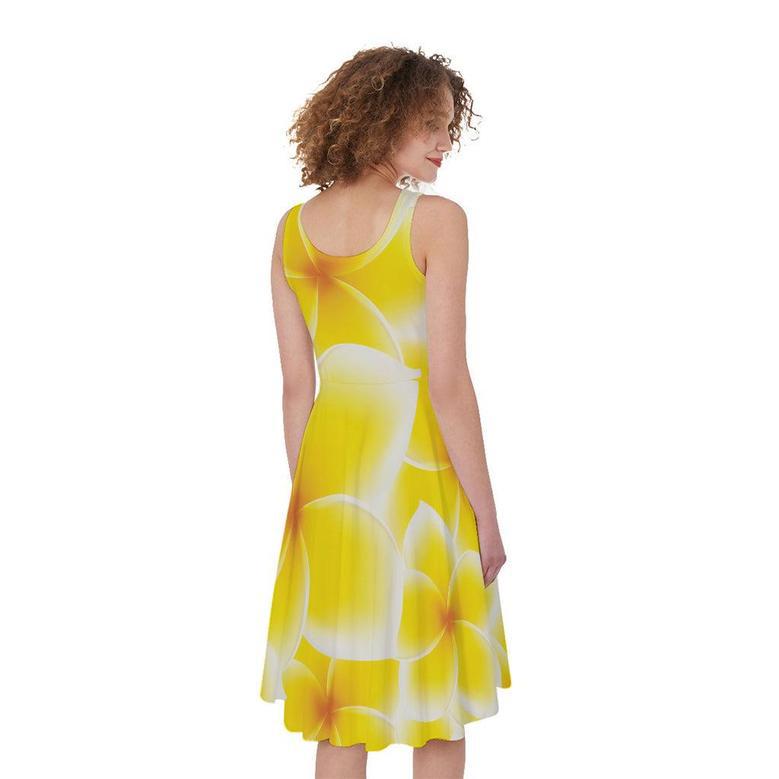 Yellow Frangipani Pattern Print Sleeveless Knee Length Dress