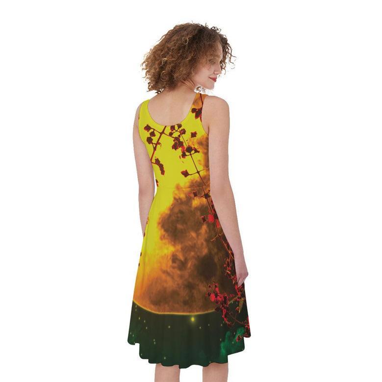 Yellow Full Moon Print Sleeveless Knee Length Dress