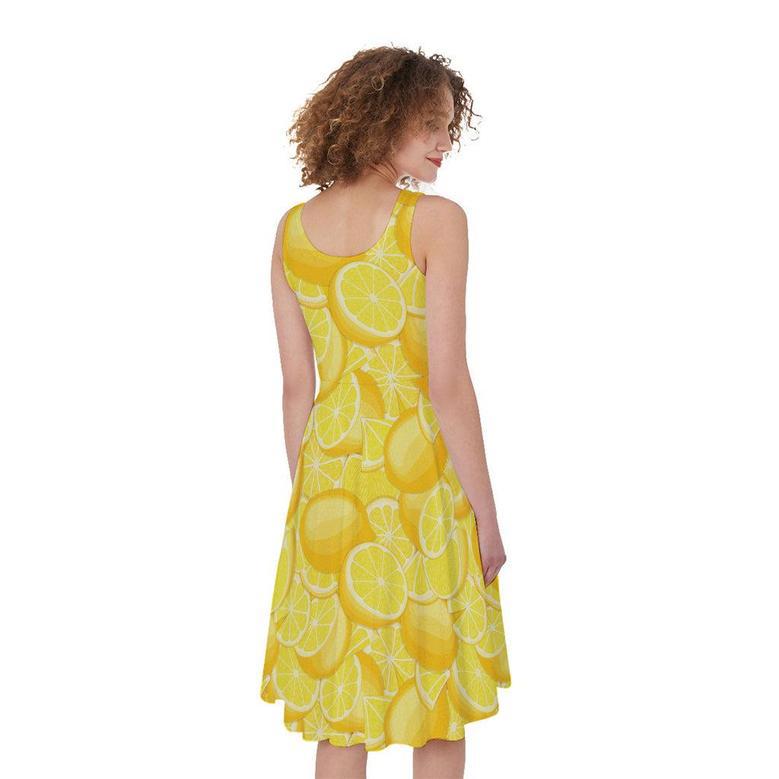 Yellow Lemon Pattern Print Sleeveless Knee Length Dress