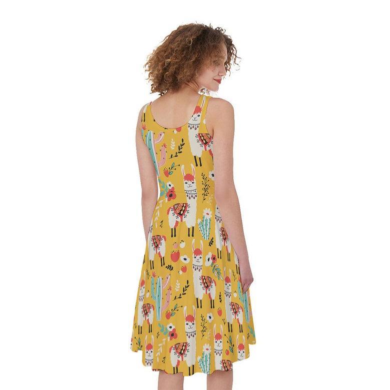 Yellow Llama Pattern Print Sleeveless Knee Length Dress