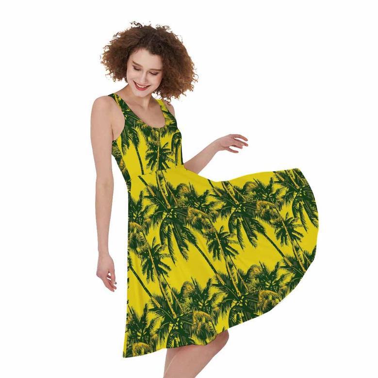 Yellow Palm Tree Pattern Print Sleeveless Knee Length Dress