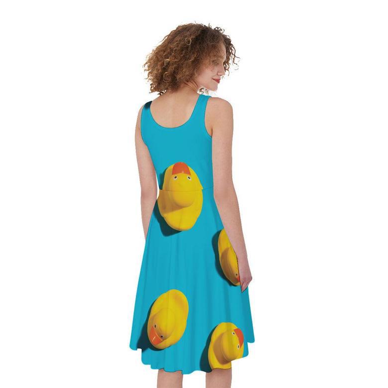 Yellow Rubber Ducks Print Sleeveless Knee Length Dress