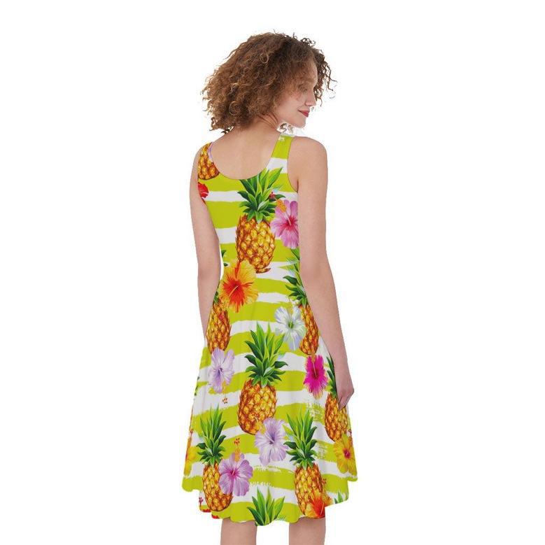 Yellow Striped Pineapple Pattern Print Sleeveless Knee Length Dress