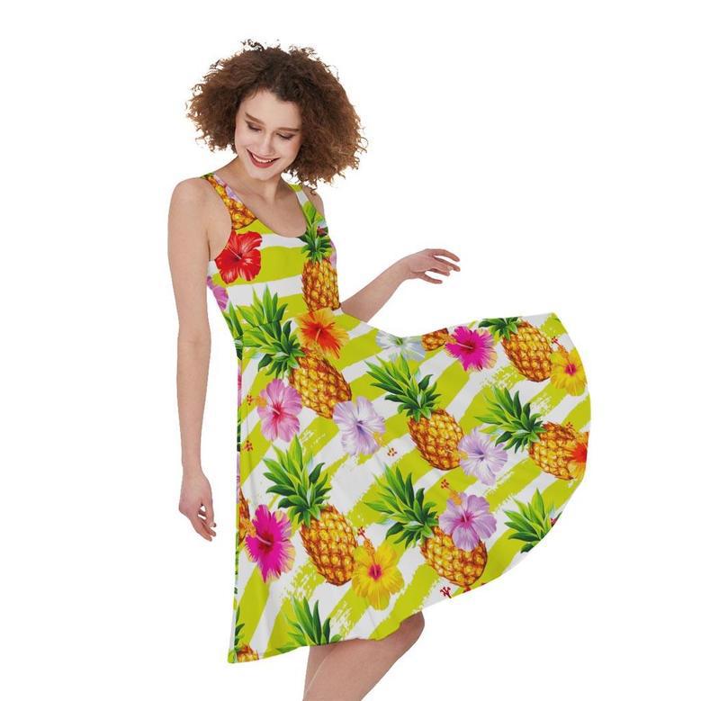 Yellow Striped Pineapple Pattern Print Sleeveless Knee Length Dress