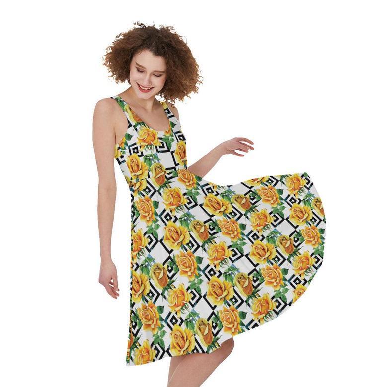 Yellow Watercolor Rose Print Sleeveless Knee Length Dress