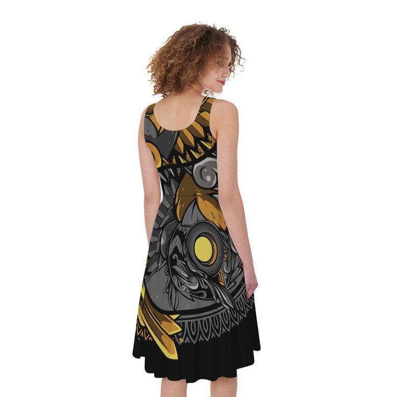 Yin Yang Owl Print Sleeveless Knee Length Dress