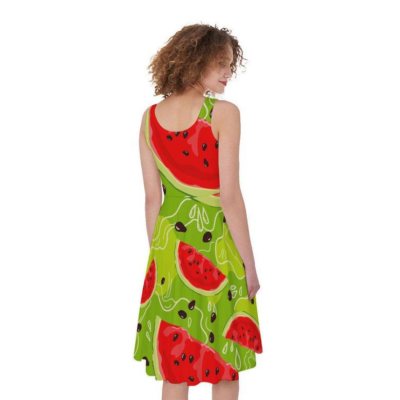 Yummy Watermelon Pieces Pattern Print Sleeveless Knee Length Dress