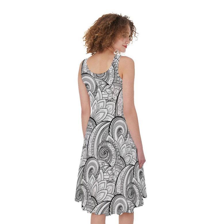 Zentangle Flower Pattern Print Sleeveless Knee Length Dress