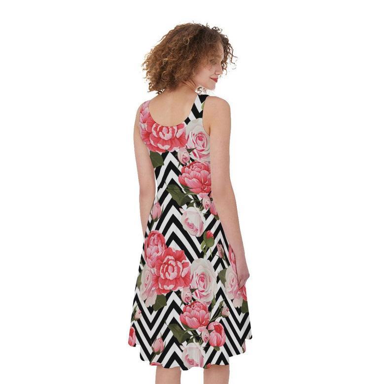 Zigzag Peony And Rose Pattern Print Sleeveless Knee Length Dress