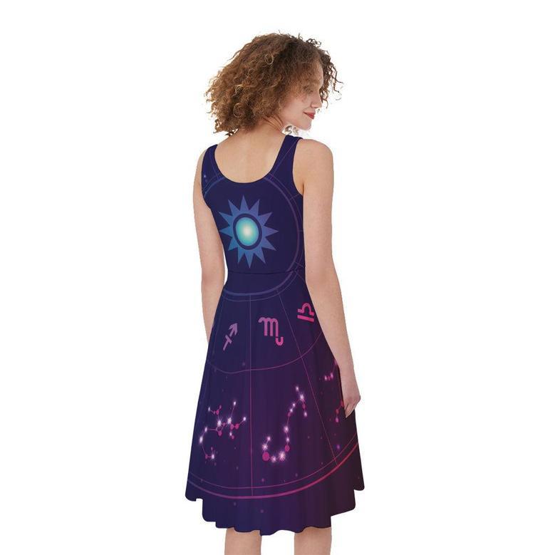 Zodiac Symbols Wheel Print Sleeveless Knee Length Dress