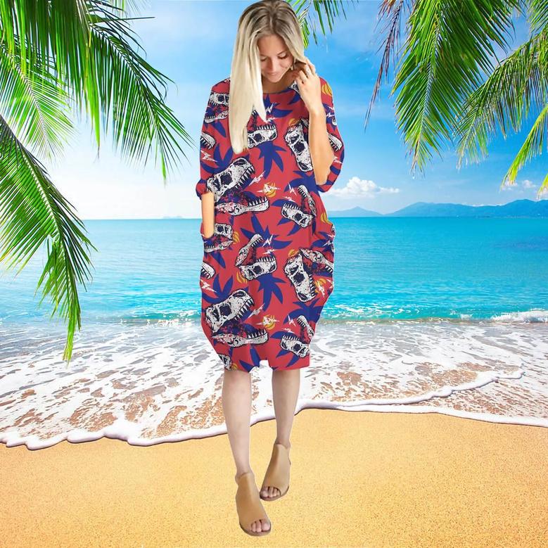 A Dinosaurs Skull With Palm Tree Tropical Long Sleeve Midi Dress