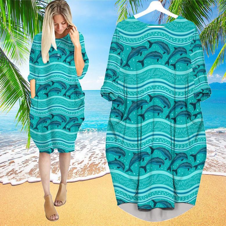 A Flock Of Dolphins In The Sea Pattern Long Sleeve Midi Dress