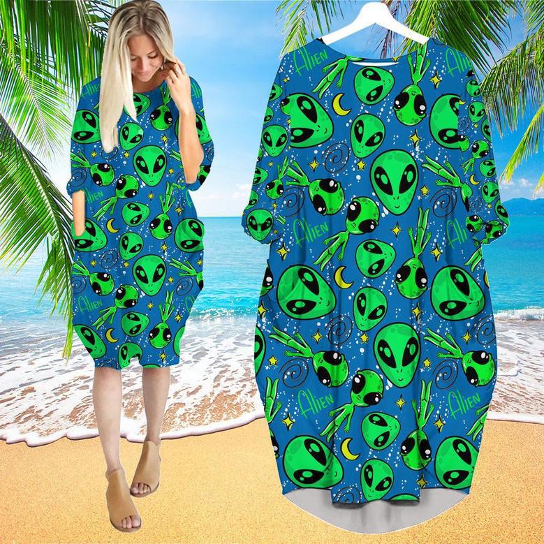 Alien Head Pattern Green Blue Long Sleeve Midi Dress