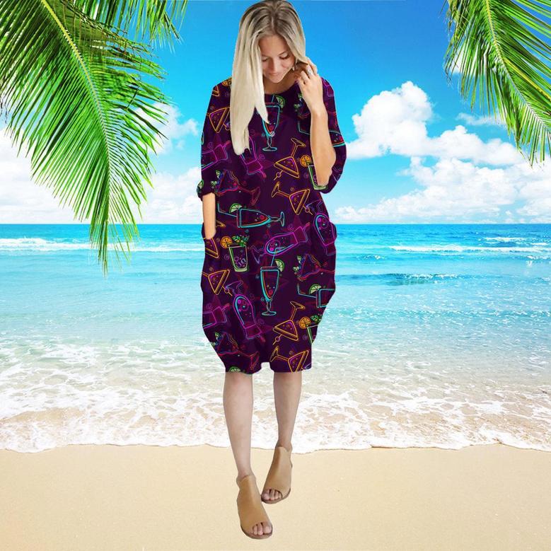 Amazing Night Happy Cocktails Flowers Long Sleeve Midi Dress