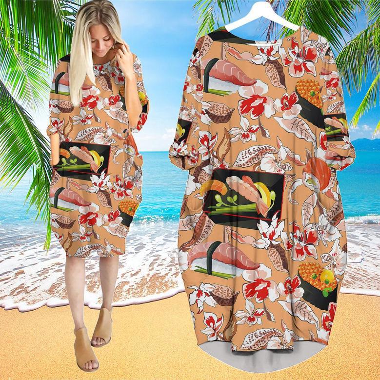 Beautiful Classic Japanese Sushi Floral Long Sleeve Midi Dress