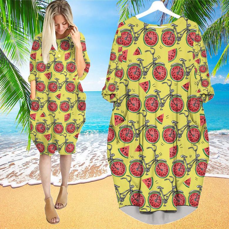 Bicycles With Watermelon Wheels Colorful Summer Long Sleeve Midi Dress