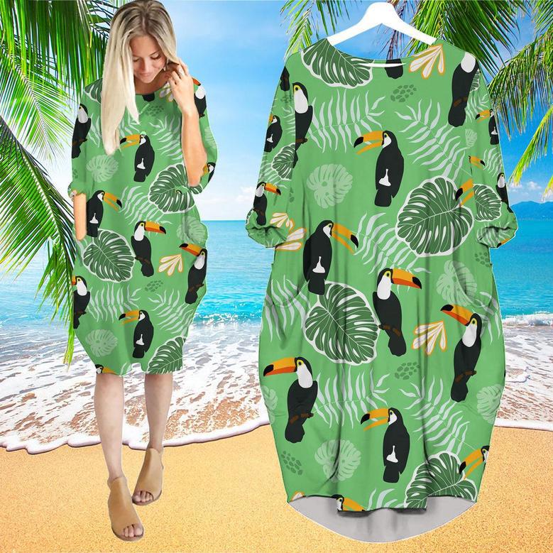 Birds Tropical Exotic With Palm Leaves Pattern Long Sleeve Midi Dress